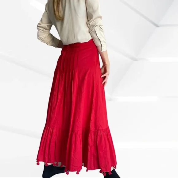 COUNTRY ROAD cotton maxi skirt tassels red, size 8 (fits 8 and 10) like new - Picture 2 of 9